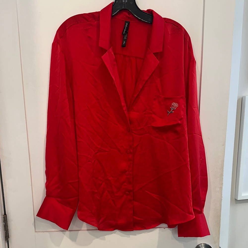 For Love and Lemons Red Button-Up Shirt with Rose Embroidery